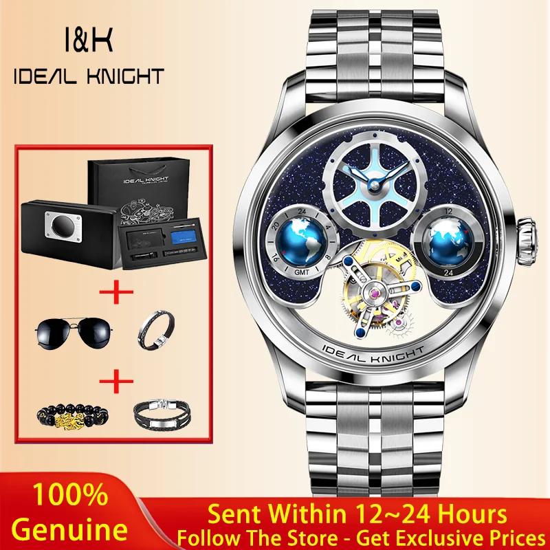 IDEAL KNIGHT 6808 Real Tourbillon Watch High Luxury Automatic Mechanical Watch HD Blue Earth Dial Waterproof Sports Men Watch