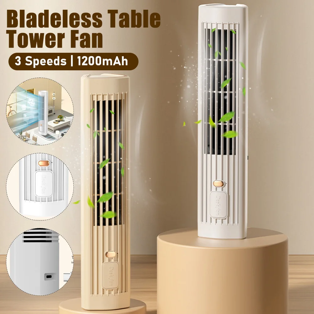 Bladeless Floor Tower Fan USB Rechargeable 1200mAh Electric Table Fans Household Air Cooler for Home Kitchen Bedroom Living Room