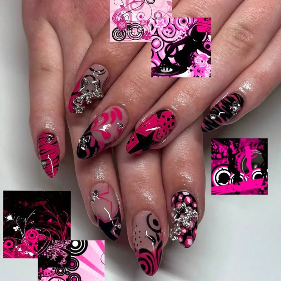 

2Pcs European American Striped Graffiti Almond Press On Nails, Metal Pentagram Design, Reusable Wearable Nails For Daily