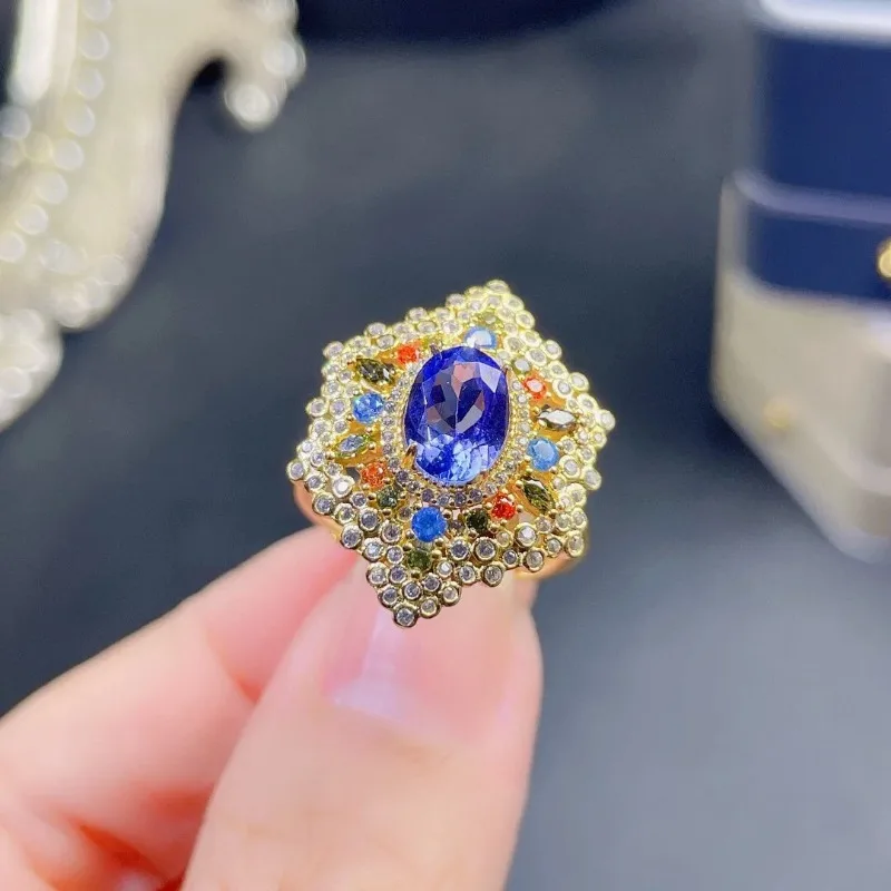 925 Silver New Light Luxury Imitation Natural Tanzanite Ring Female Micro-encrusted Diamond-plated 18k Gold Open Treasure Ring