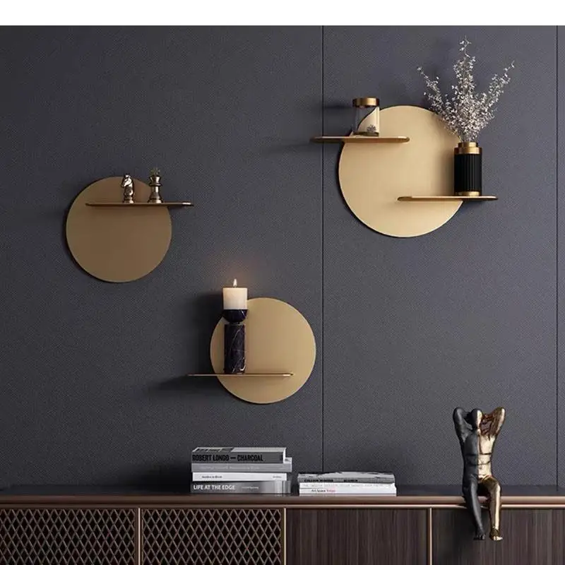 Minimalist Wall Shelf Round Storage Hang Ornaments Metal Mount Rack Living Room Backdrop Decorative Shelves Hooks