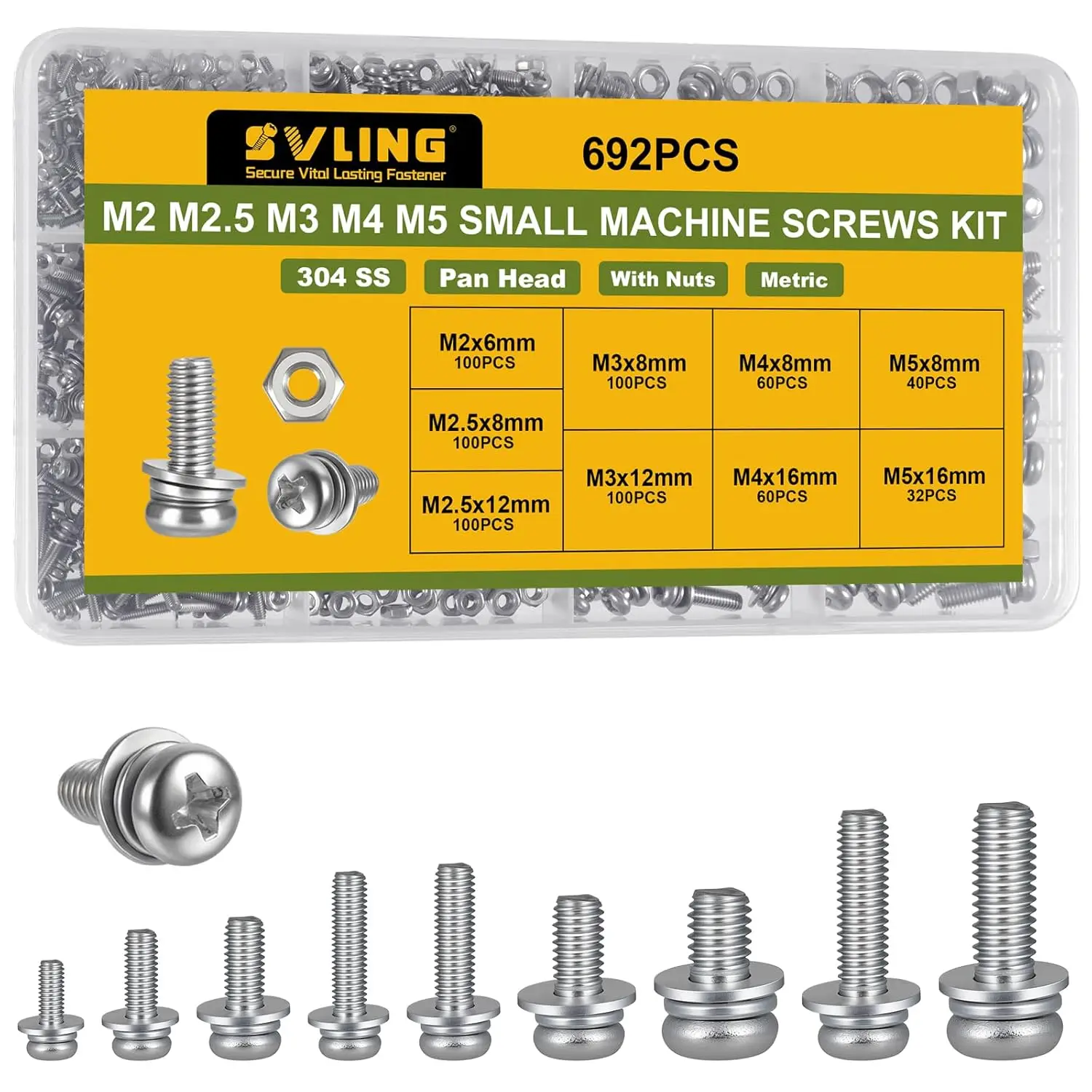 

692Pcs Metric Machine Screws Assortment Kit, M2 M2.5 M3 M4 M5 304 Stainless Steel Phillips Pan Head with Fixed Washers for