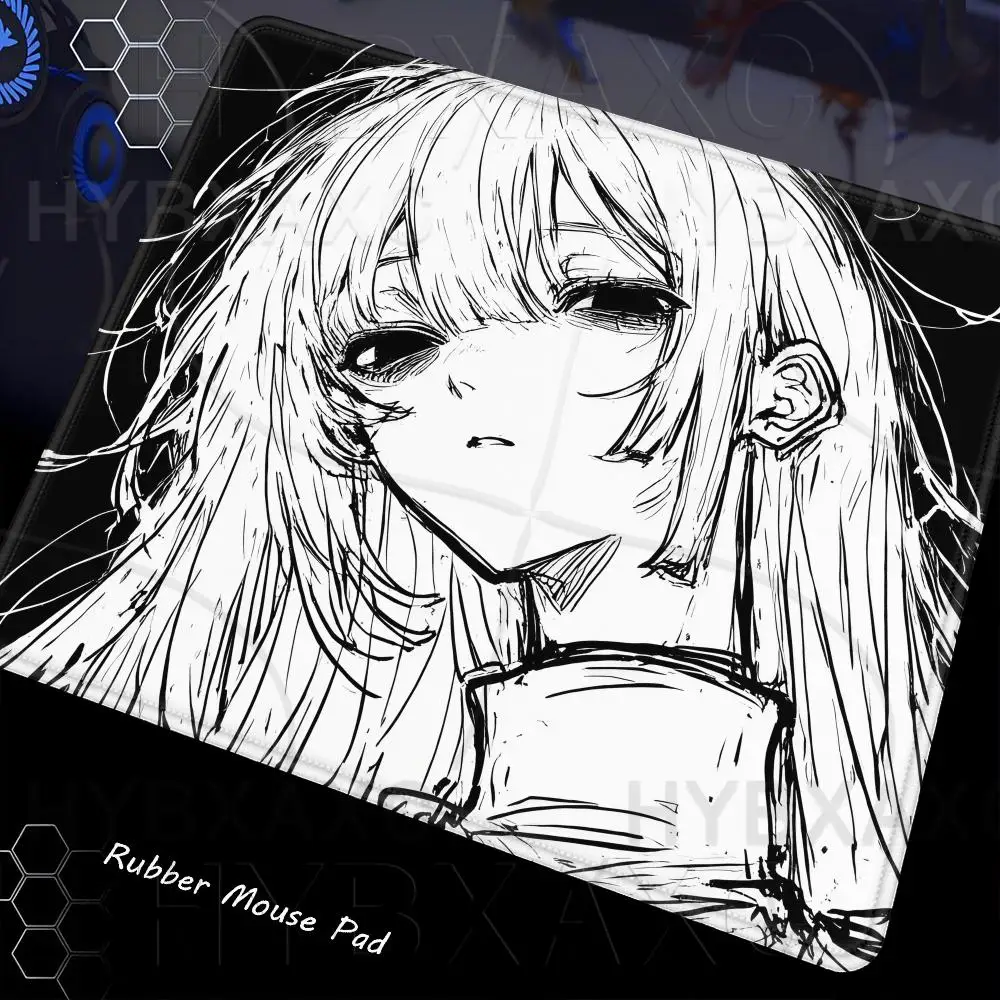 45x40 Black & White Mouse Pad Multiple sizes Large Square Computer Office Game Table Mat Manga Style Anime Girl Rubber Mousepad