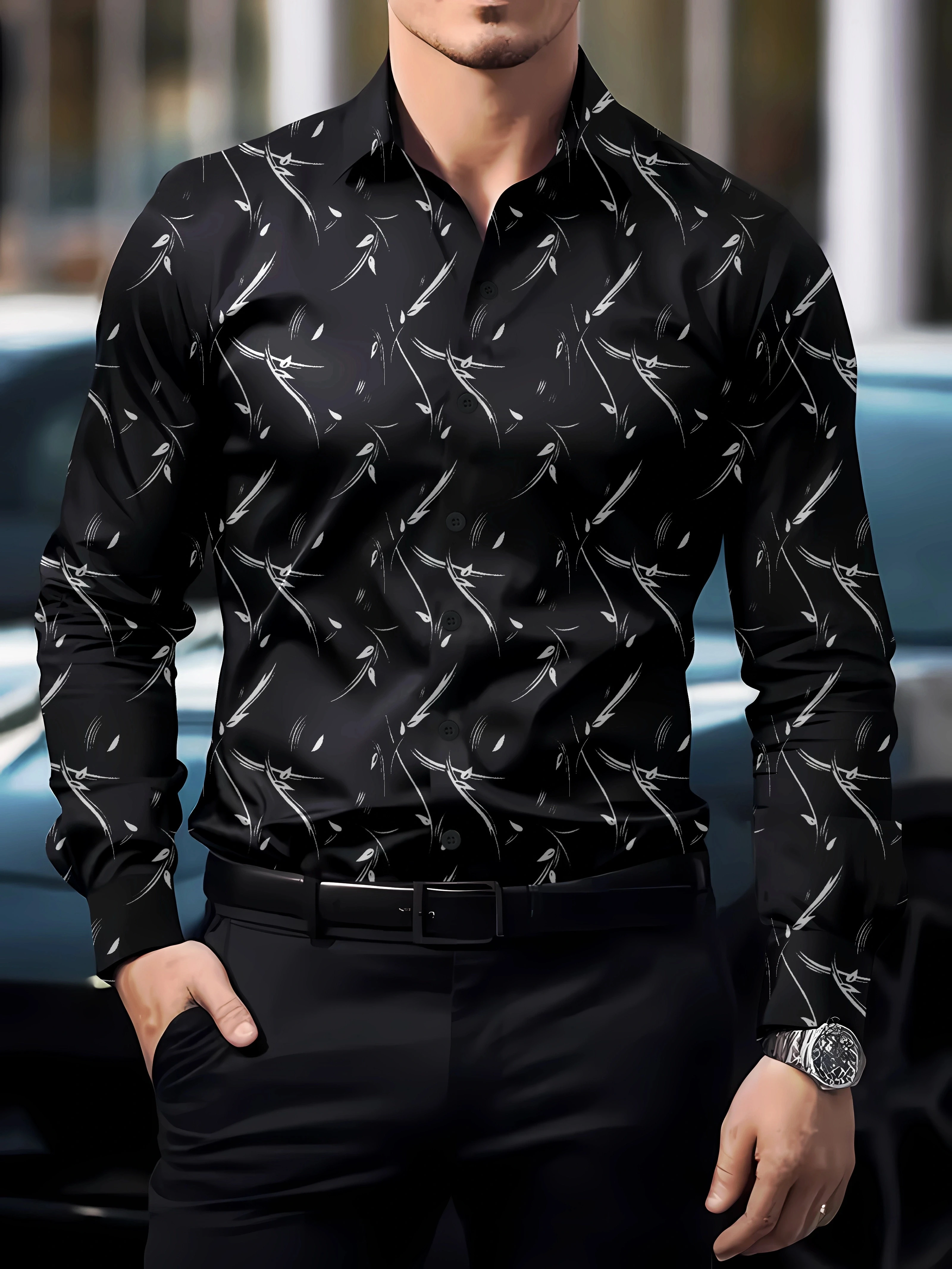 Camisa con estampado de plumas a la moda para hombre, manga larga, poliéster, ajuste regular, cuello abotonado, fiesta formal