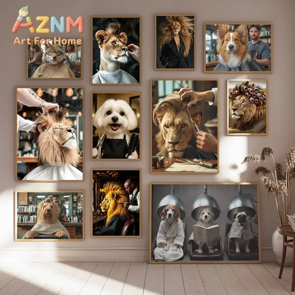 Funny Animal Salon Dog and Lion Haircut Poster Canvas Painting Wall Prints Hairdresser Gift Barbershop Home Decor