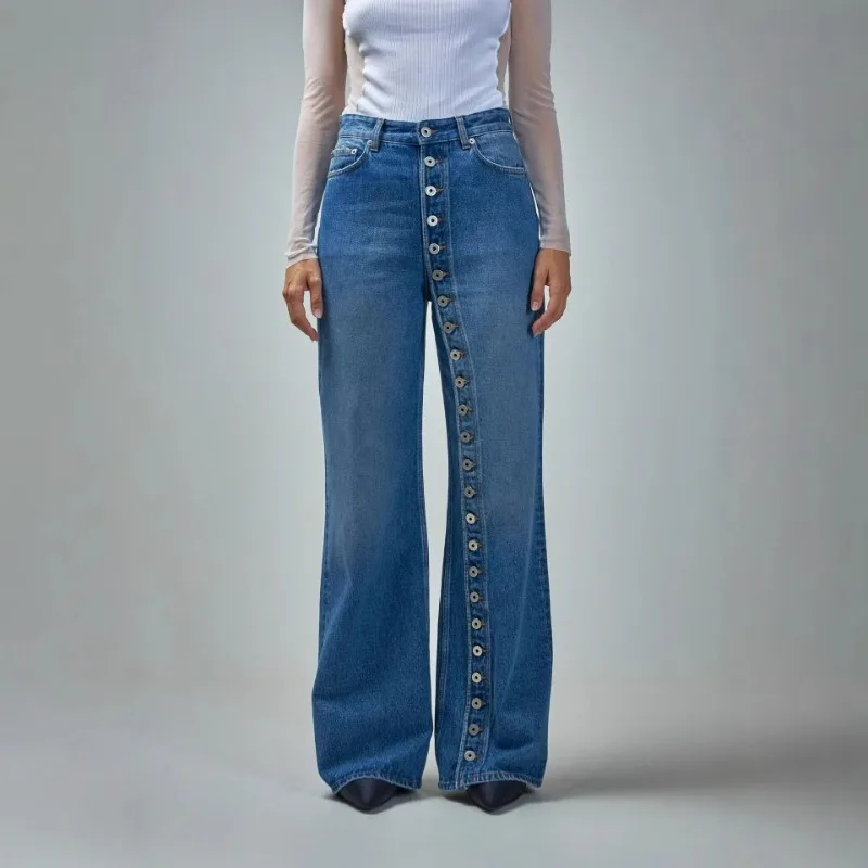 Retro Washed High Street Personalized Jeans Women's Autumn New Design Sense Single-breasted Straight Tube Exquisite and Simple