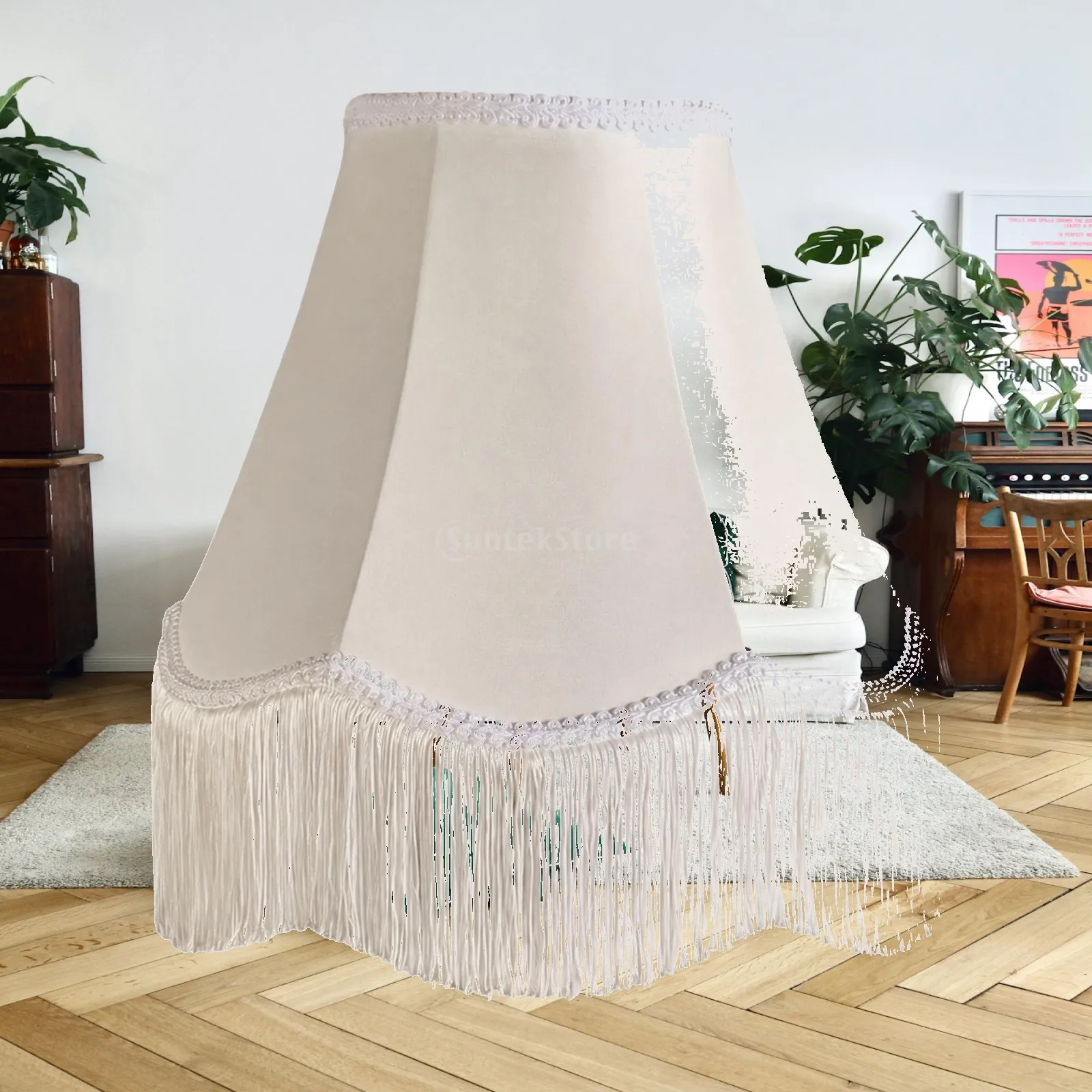 Foldable Knock-down Textile Lampshade Ambient Light Diffusion Tapered Panelled Lampshade with Fringe Tassels for Bedroom