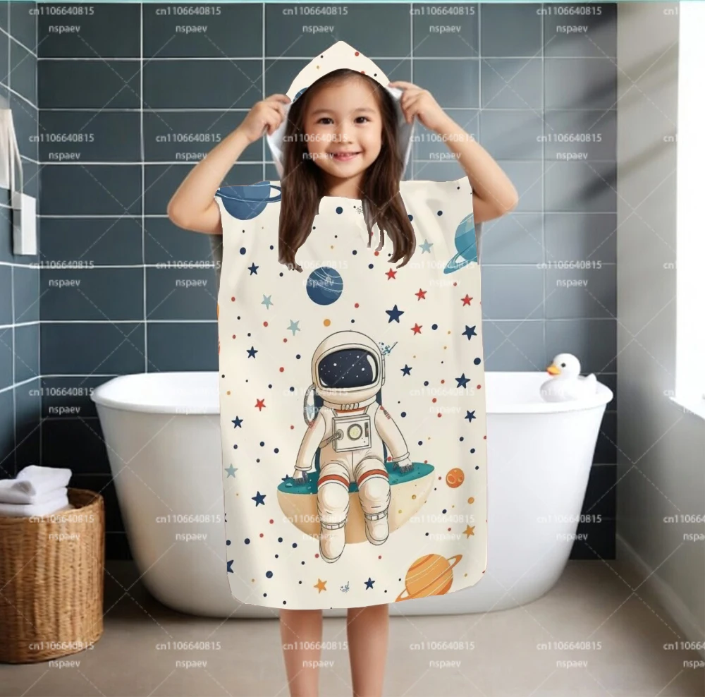 Kids Astronaut Outer Space Hooded Towel Poncho, Microfiber Quick-Dry Bath Robe, Toddler Beach Changing Cover-Up