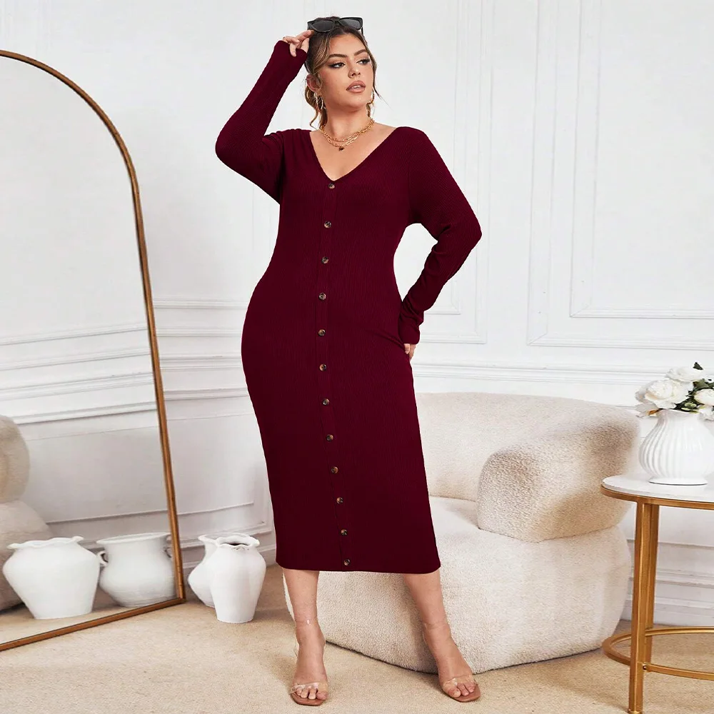 Plus Size Women Knitted Dress 2023 New Sexy V-neck Single-breasted Long Dress Solid Color Fashion Long-sleeved Elegant Dresses