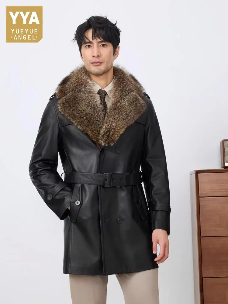 Winter Mens Raccoon Fur Collar Cowhide Genuine Leather Long Jacket Double Breasted Belted Slim Fit Business Work Coat Overcoat