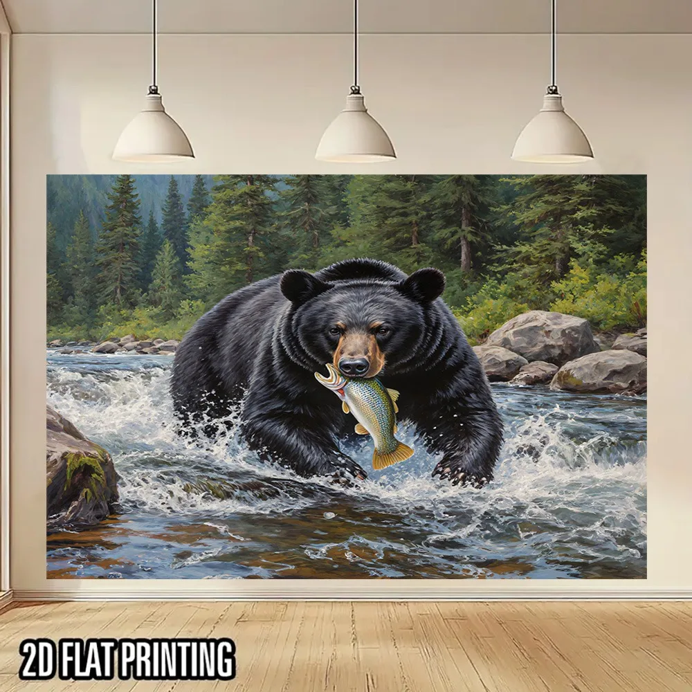 2D Flat, 1pc Black Bear & Fish Forest Stream Wall Tapestry - Realistic Wildlife UV Printed, Brown/Black/Green Nature-Themed Wall