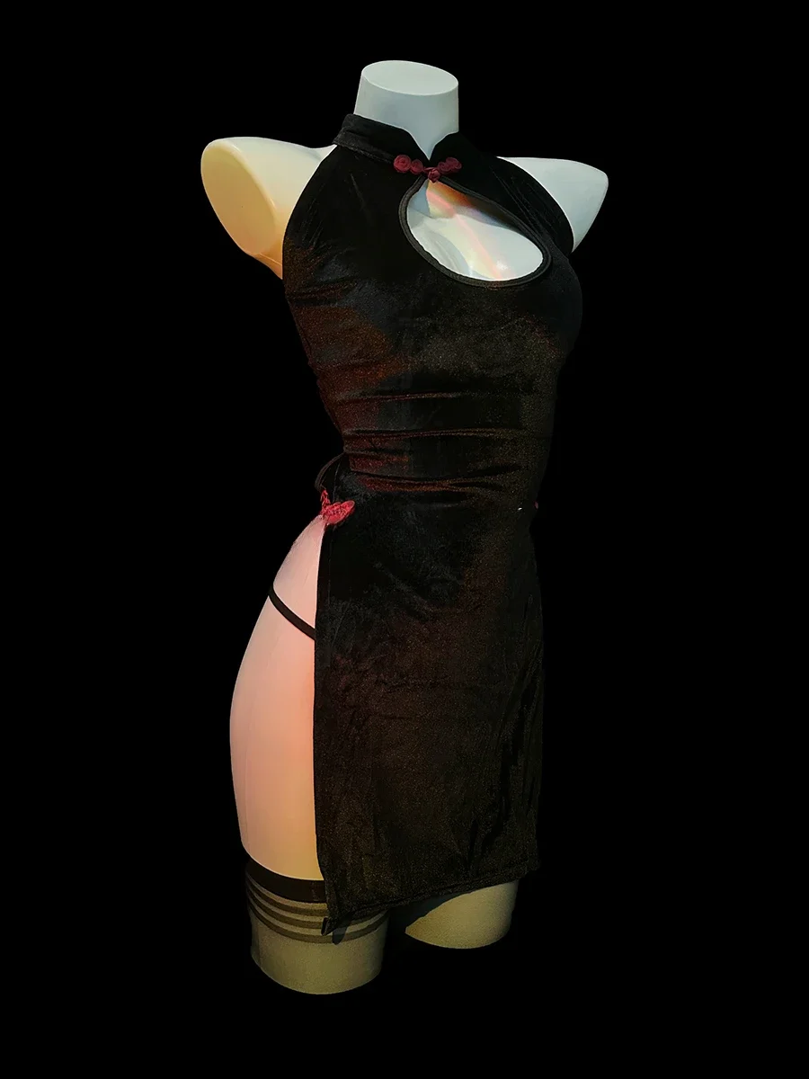 

New Chinese sexy cheongsam classical black silk uniform women's short nightgown underwear