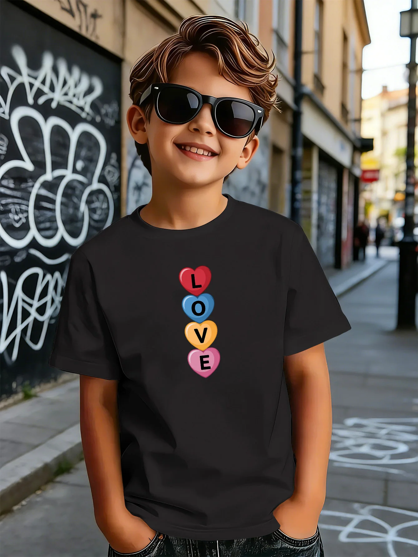 Vertical Colorful Hearts Love Graphic Kids T Shirt Boys Girls Short Sleeve Crew Neck Cotton Parent Matching Tops Toddler Youth