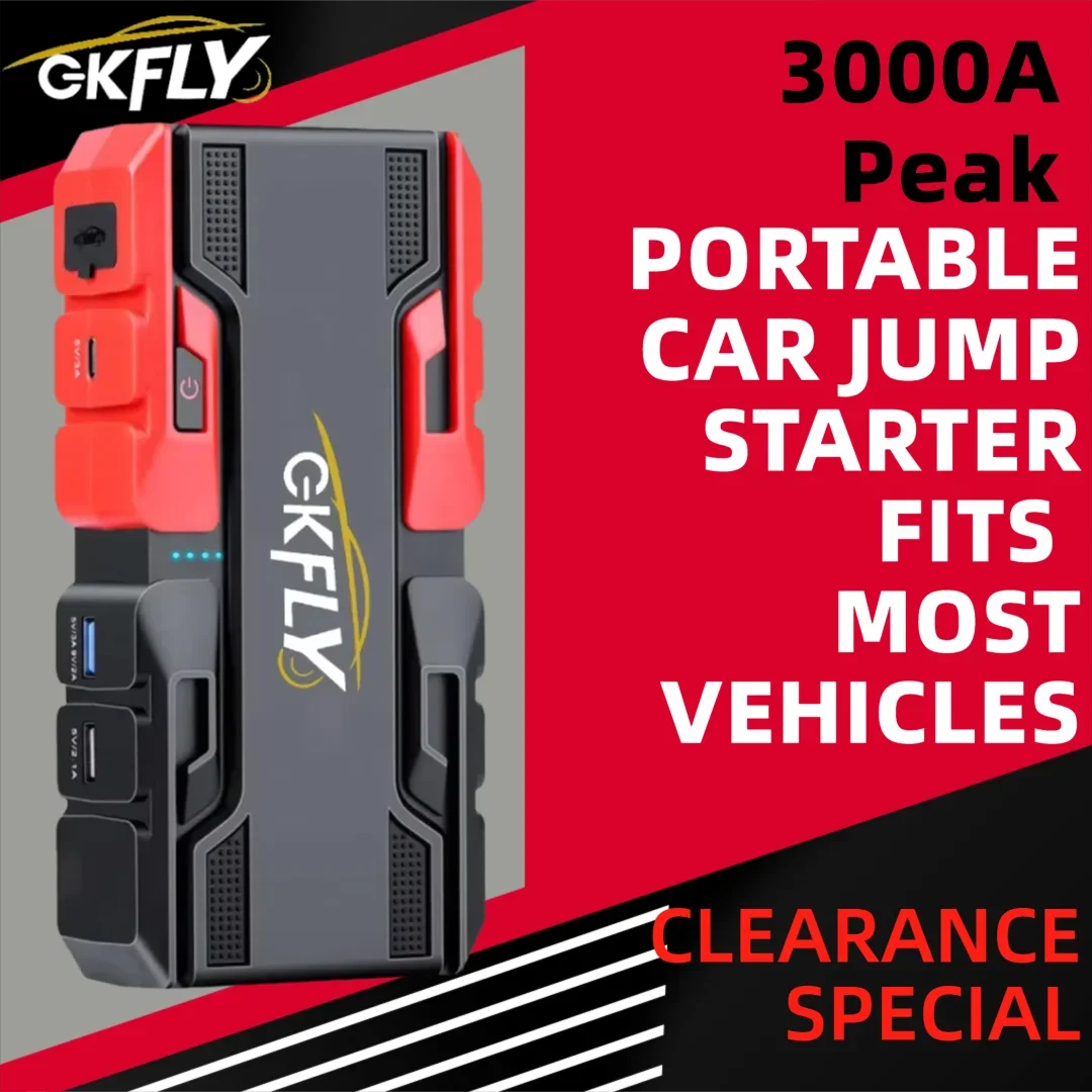GKFLY Auto-Starthilfe 3000A, 12000mAh 12V Notfall-Powerbank für Benzin- und Dieselfahrzeuge