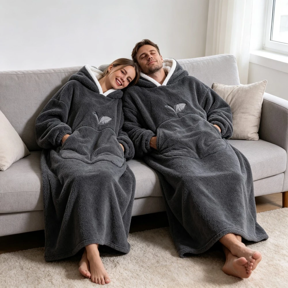 Oversized Hooded Wearable Blanket Long Sleeve TV Blanket Soft Plush Apple Embroidery Warm Hoodie Blanket With Pocket For Adults
