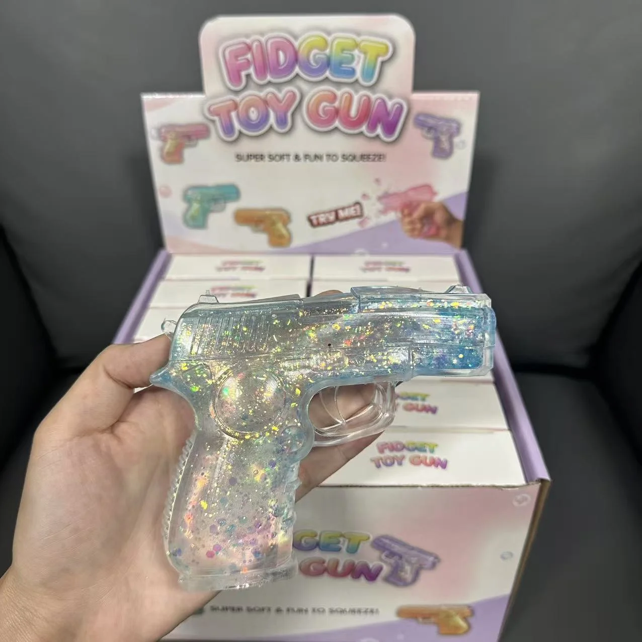 New Squishy Toy Gun Transparent Aurora Gold Powder Maltose Squishies Stress Relief Squeeze Fidget Soft Toy for Collection Gift