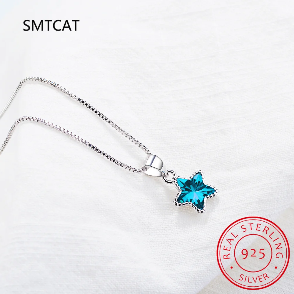 

Created Blue Sapphire 925 Sterling Silver Pentagram Star Pendant Necklace for Woman Gemstone Fine Jewelry Colar de Prata