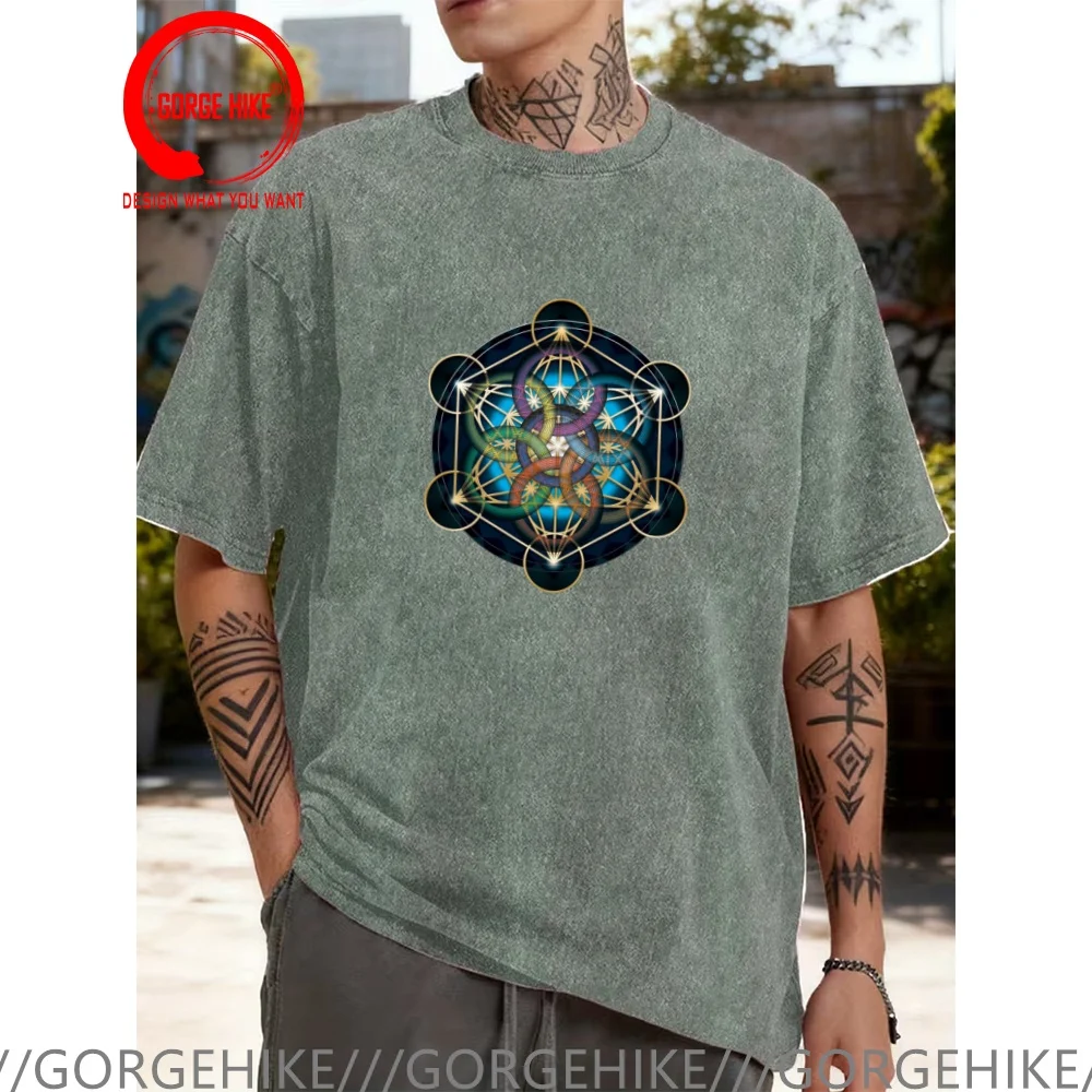 Vintage Washed Cotton T-Shirt Funny Designer Metatrons Cube, Platonic Solids, Sacred Geometry T Shirt Men Fashion Trendy Casual