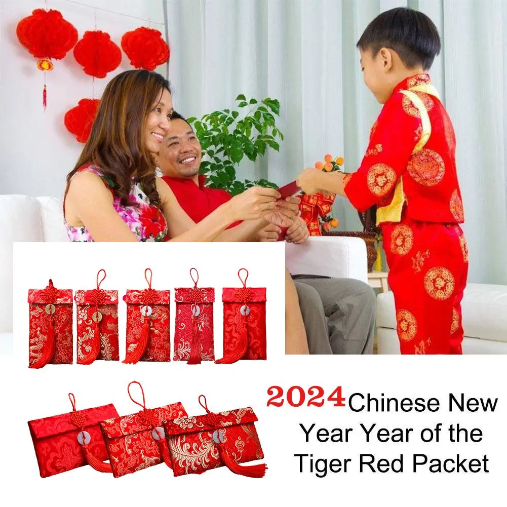 Fabric Red Envelope 2024 Happy New Year Lucky Money Envelope Bag Relatives Surafce Silk Red Visiting Chinese Soft Faux A4s4