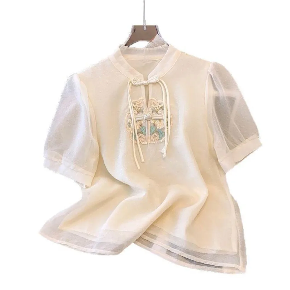 New Chinese Style Embroidered Chiffon Blouses Stand-Up Collar Breathable Short Sleeve Shirts Slimming Blouses Summer