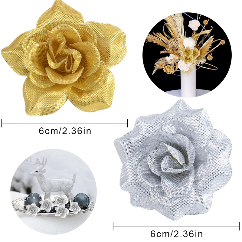 10-50pcs 6cm Gold Sliver Artificial Flower Head Silk Rose Fake Flowers Banquet For Wedding Home Decoration DIY Christmas Wreath