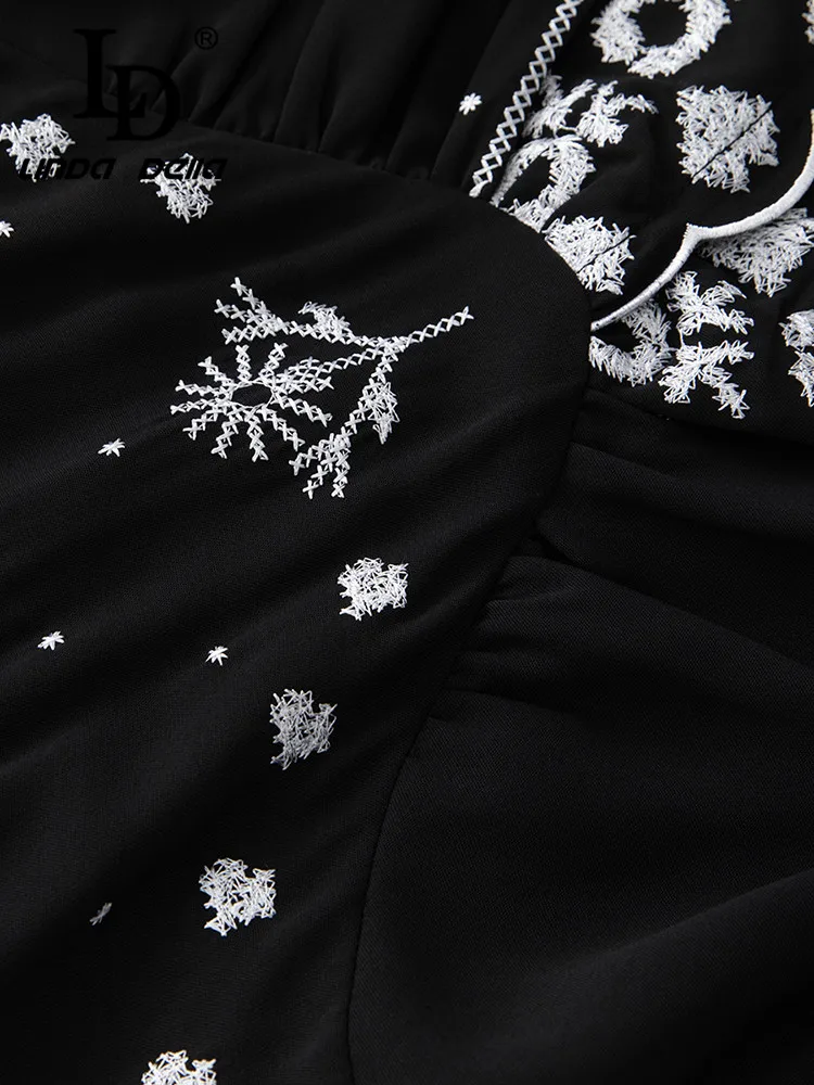 Ld linda della-فستان نسائي غير رسمي ، أنيق وجميل ، أسود ، رقبة على شكل حرف V ، تطريز ، قصة ضيقة ، شيفون ، لصق ، الصيف ،