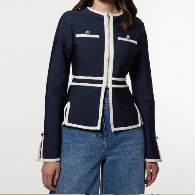 Women's Elegant Contrast Color Trim Zipper Jacket Split-Side Long Sleeves Buttoned Urban Casual Office Outerwears