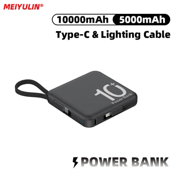 10000mAh Portable Power Bank Built-in Type-C Cable 5000mAh Fast Charging External Auxiliary Battery for iPhone 15 Samsung Xiaomi