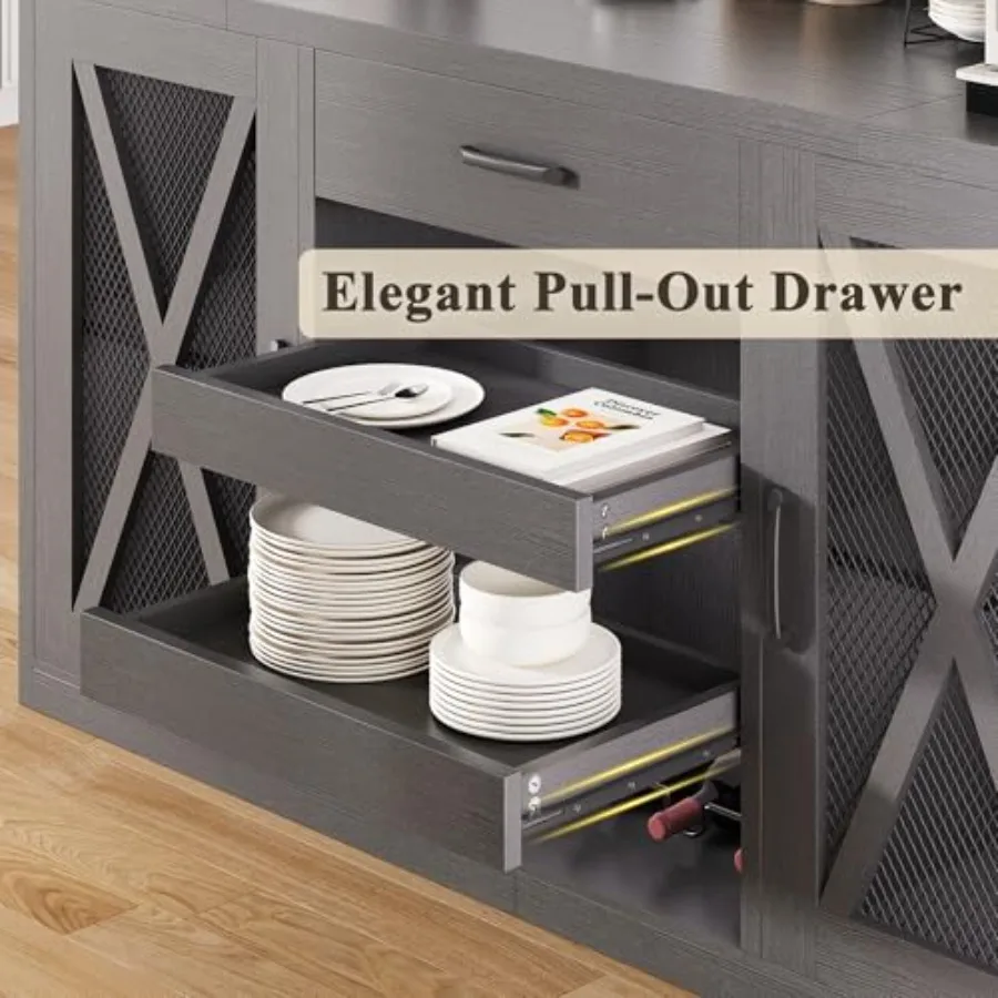 Large Coffee Bar Cabinet with Fridge Space Mini Fridge Cabinet with Pull-Out Drawer and Power Outlets Farmhouse Design Liquor C