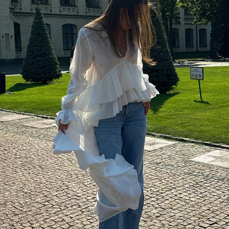 Tops Women Top V Neck Flare Sleeve Y2k Streetwear Solid Ruffled Elegant Splice Casual Work Irregular Shirt Beach 2026 Summer
