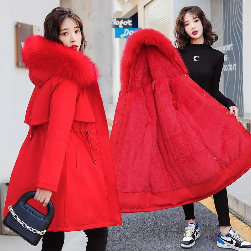 

Yuwei Tide Brand 2025 Winter New Medium and Long Velvet Cotton Jacket Waist Version Solid Color Splicing with Fur Collar Comfort