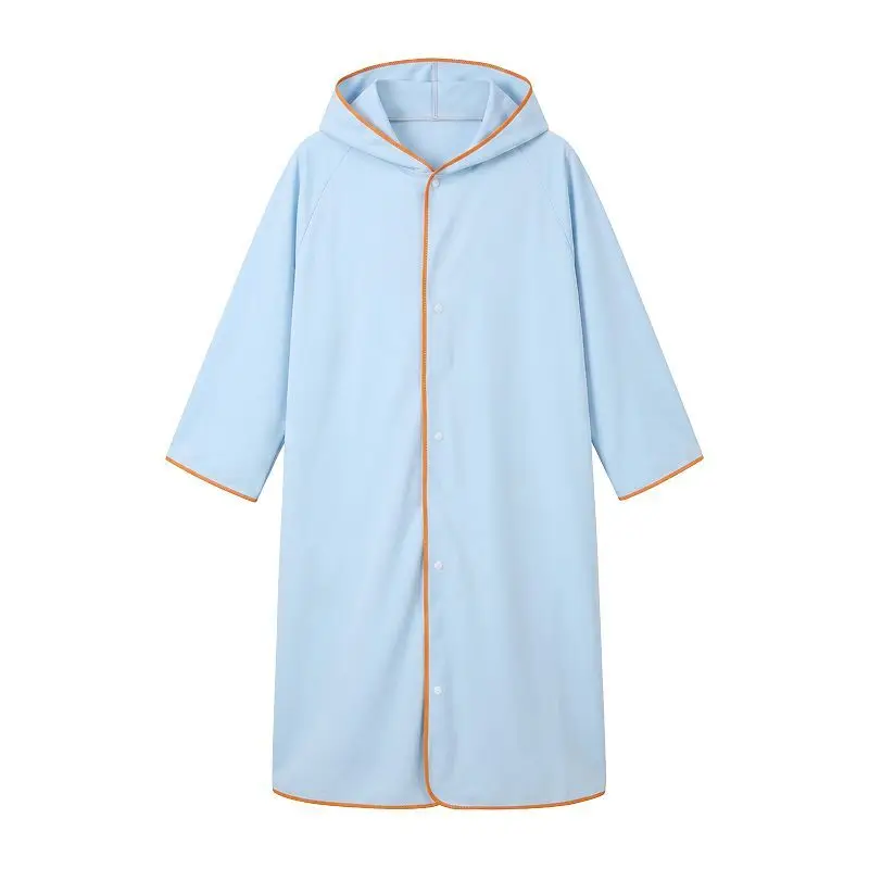 Light Blue Hooded Bathrobe For Kids Adults Quick Dry Soft Absorbent Bath Robe With Orange Trim Button Front Beach Swimming Pool
