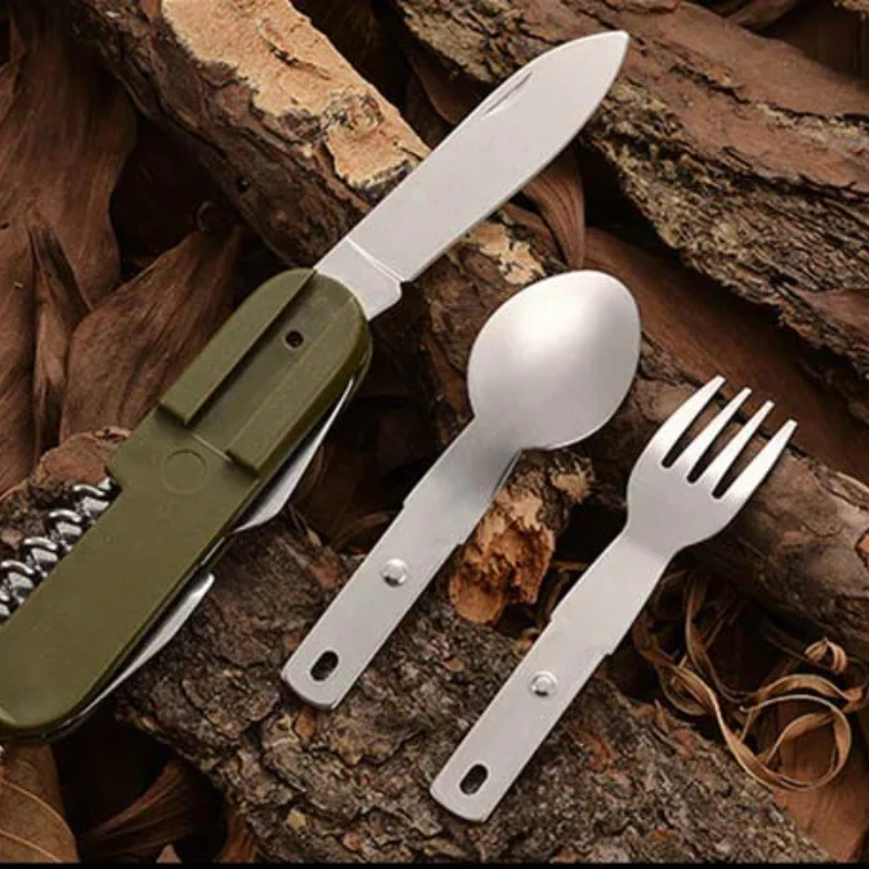 new 7 In 1 Multifunctional Outdoor Tableware Stainless Steel Foldable Fork Spoon Knife  Camping Hiking Travelling Dinnerware