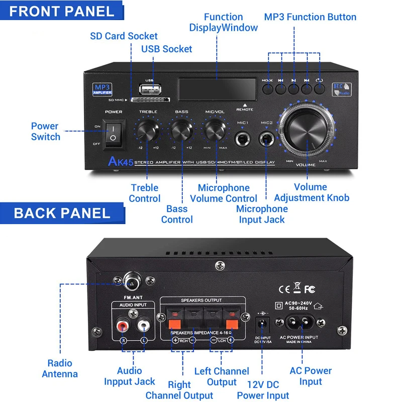 Ak45 Draadloze Bluetooth Stereo Max 350wx2 Rms 40wx2 Eindversterker Kanaal 2.0 Bluetooth 5.0 Hifi Digitale Versterker Voor Thuis