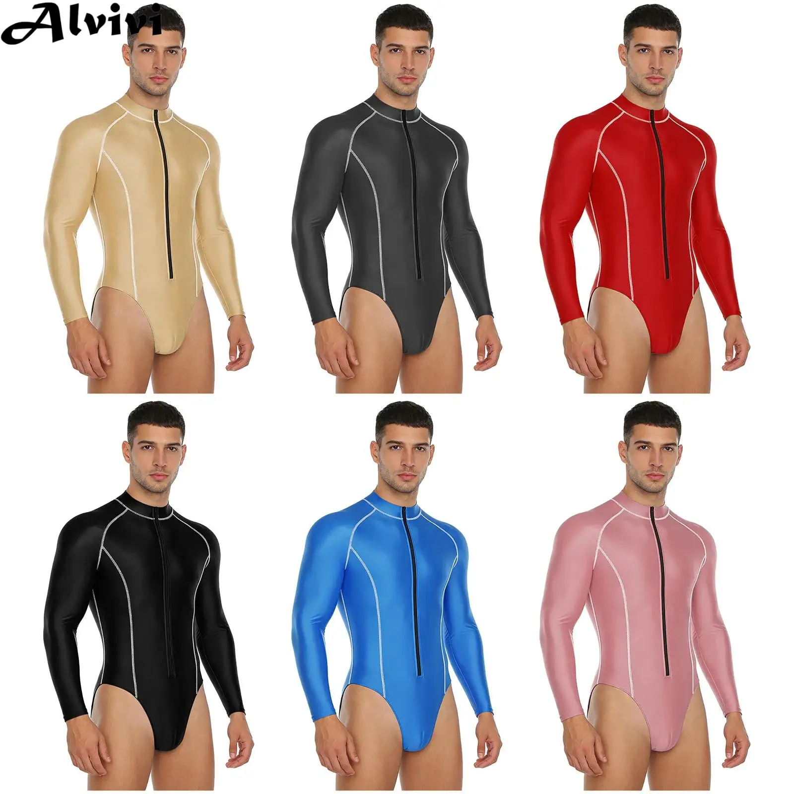 Glänzender Body für Herren, Bademode, Rashguard, Neoprenanzug, langärmelig, Reißverschluss, Overall für Strand, Surfen, Schwimmen, Sport, Fitness, Workout