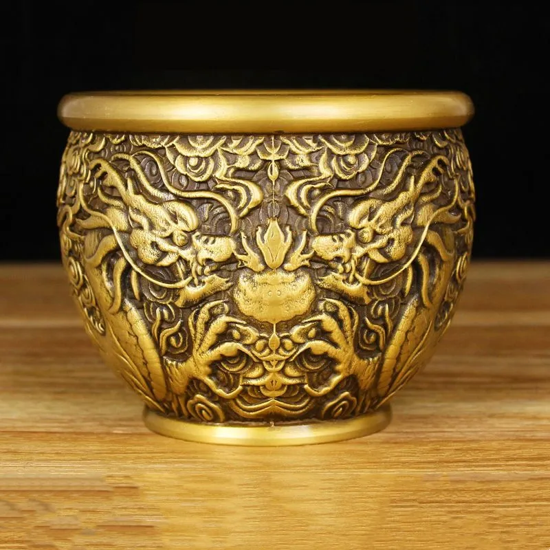 Antique relief dragon pattern jar incense burner feng shui small copper jar cornucopia decorative penholder office desk accessor