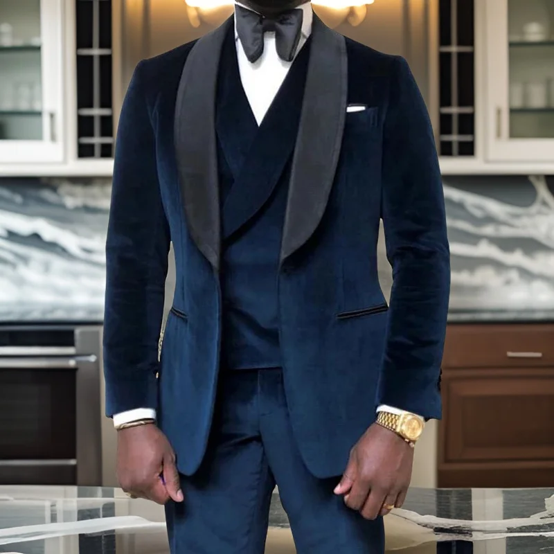 

Velvet Prom Suits for Men 3 Pieces Wedding Groom Tuxedo African Style Male Fashion Clothes Set Jacket Vest with Pants 2024