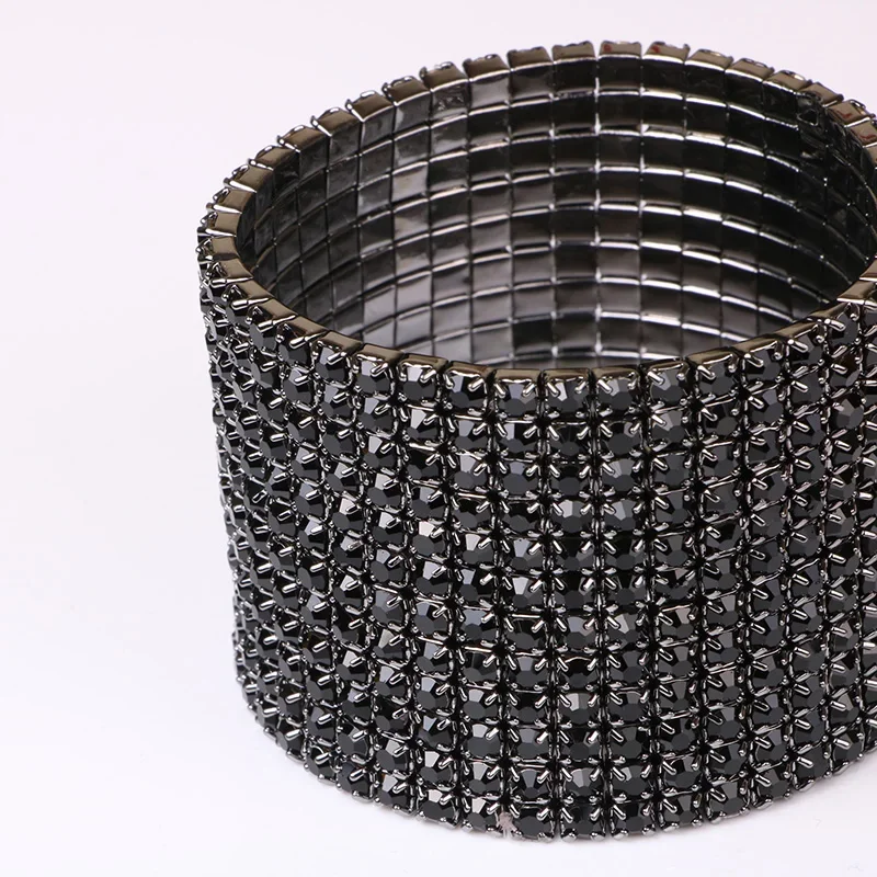 12 Rows Black Crystal Rhinestone Bangle Bracelet Black Gun Plated Metal Wide Indian Bangles for Women