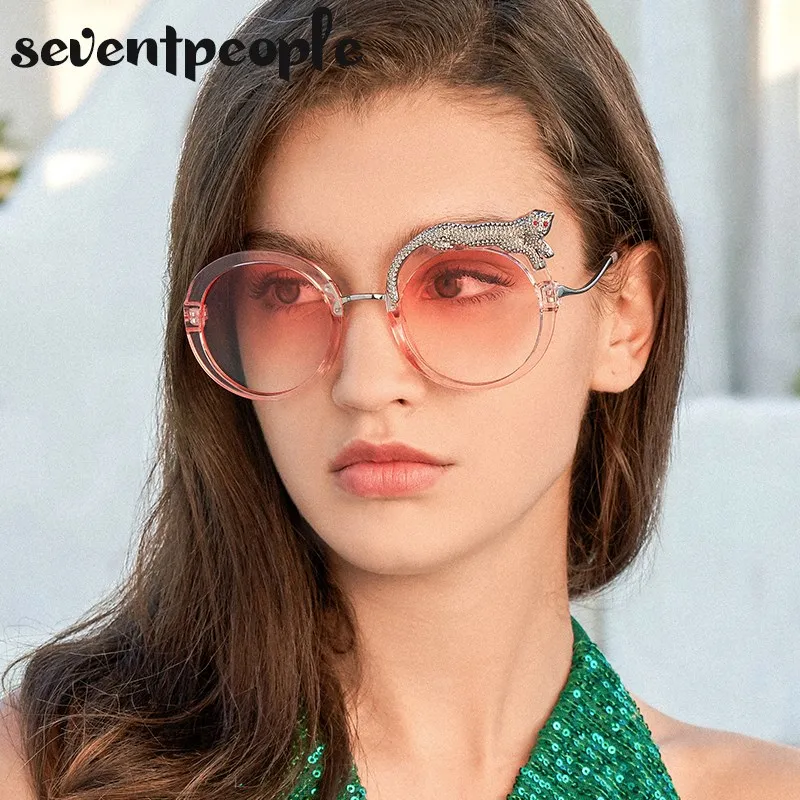 Runde Sonnenbrille Frauen Luxus Designer Kristall Leopard-Shaped Sun Gläser für Weibliche Mode Anti Blau Licht Brillen Damen