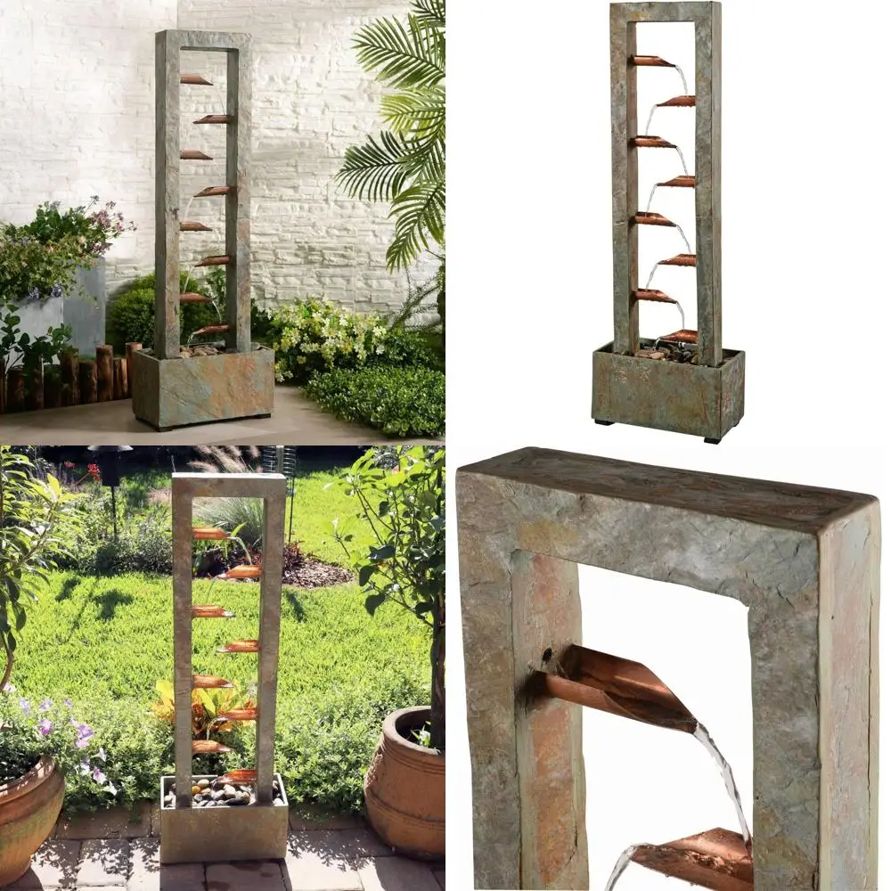 

Large Modern Outdoor Slate and Copper Tiered Waterfall Fountain, 47.75 Inches Tall