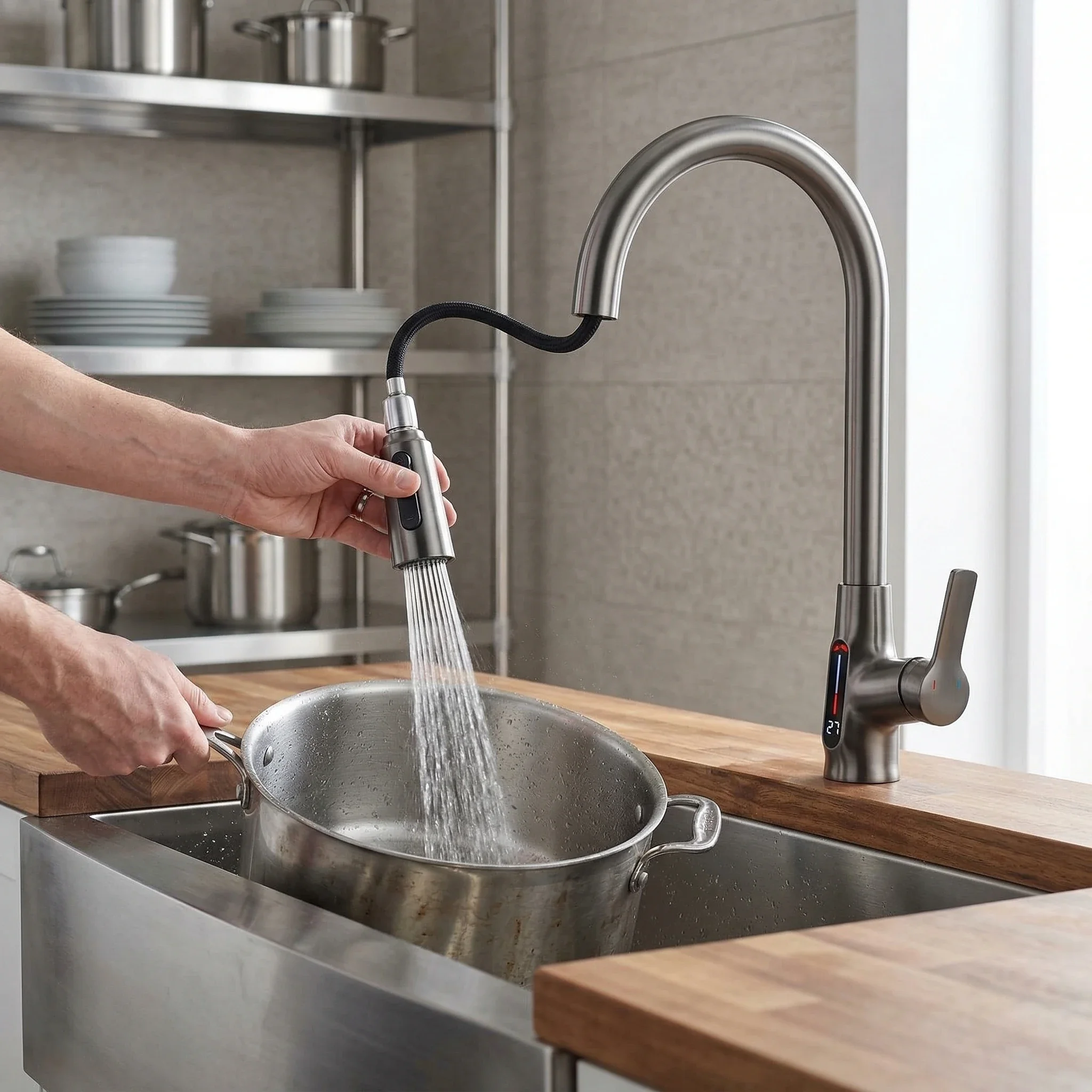 Kitchen Tap with Temperature Display, Stainless Steel Pull Out Kitchen Faucet with Sprayer, Single Lever Kitchen Sink Faucet