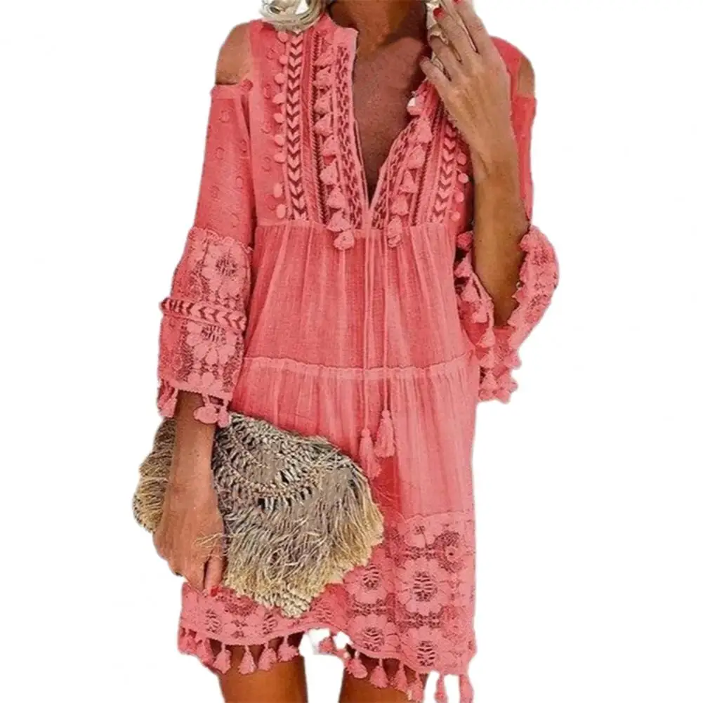 Sexy Women's Shift Dress Long Sleeve Tassel Fringe Lace Robe Strapless Deep V-Neck Female Summer Casual Boho Vacation Dresse