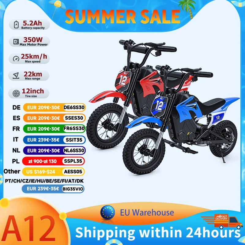 Moto électrique tout-terrain iScooter A12 pour enfants, 350W, 5.2Ah, vitesse maximale 25 km/h, roues de 12 pouces, pour la conduite hors route.