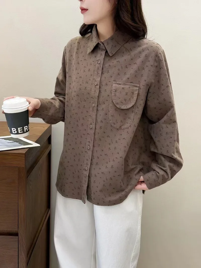 Herfstkleding 2024 dames Japanse stijl dikker warme bedrukte blouses tops met lange mouwen voor dames katoenen geborstelde shirts