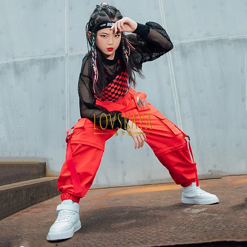 Red Lattice Vest Loose Cargo Pants Net Tops For Girls Clothes Jazz Show Stage Kids Hip Hop Street