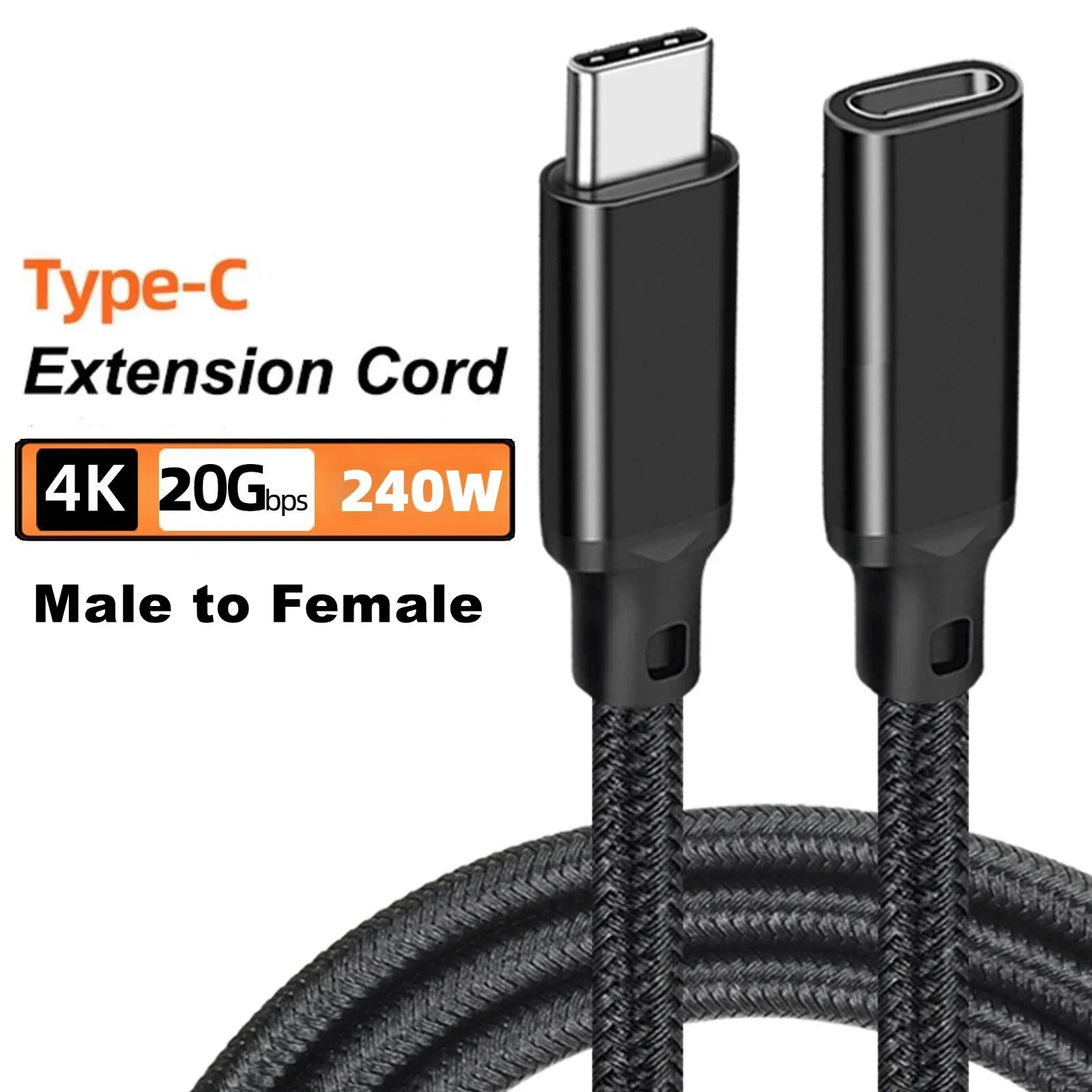 Type C USB 3.2 Gen2 Extension Cable Male to Female 20Gbps 4K 240W Charging Data Braided Cord for Mobile Phones Laptop Switch HUB