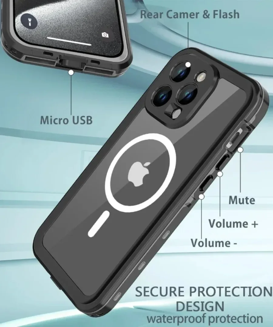 For iPhone 15 14 Plus 13 Pro Max IP68 Waterproof Clear Magnetic Case Shockproof Dustproof Diving Cover Built-in Screen Protector