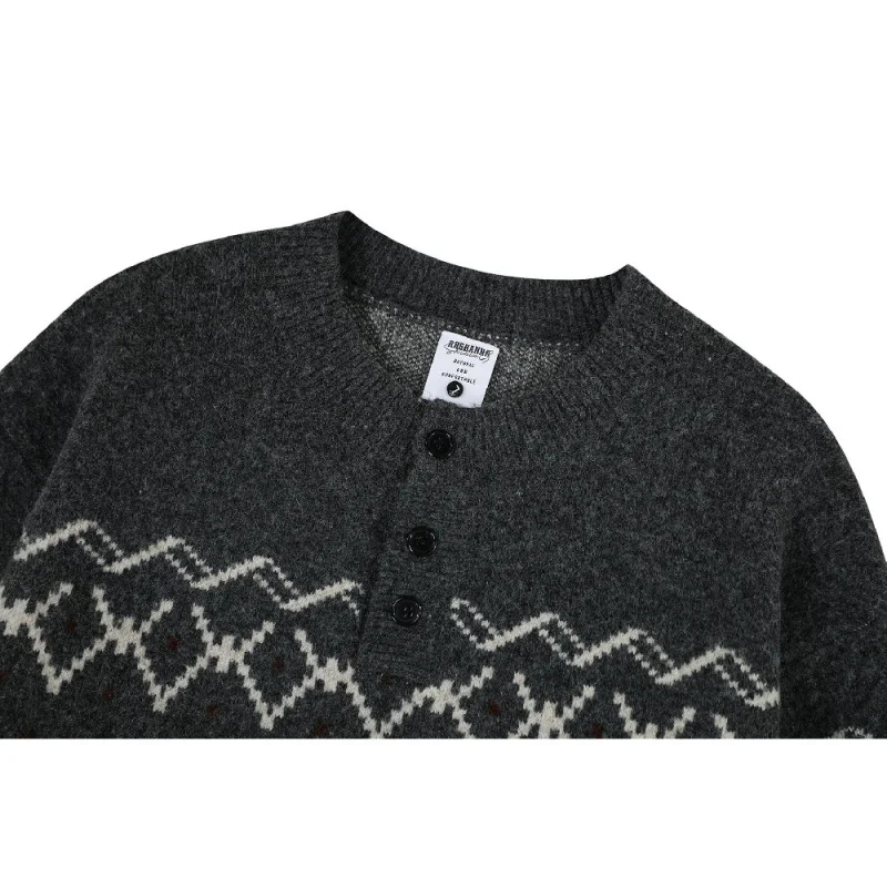 Men's Gray Fair Isle Knit Sweater, 2025 Autumn New Warm Thermal Button-Down Casual Outerwear