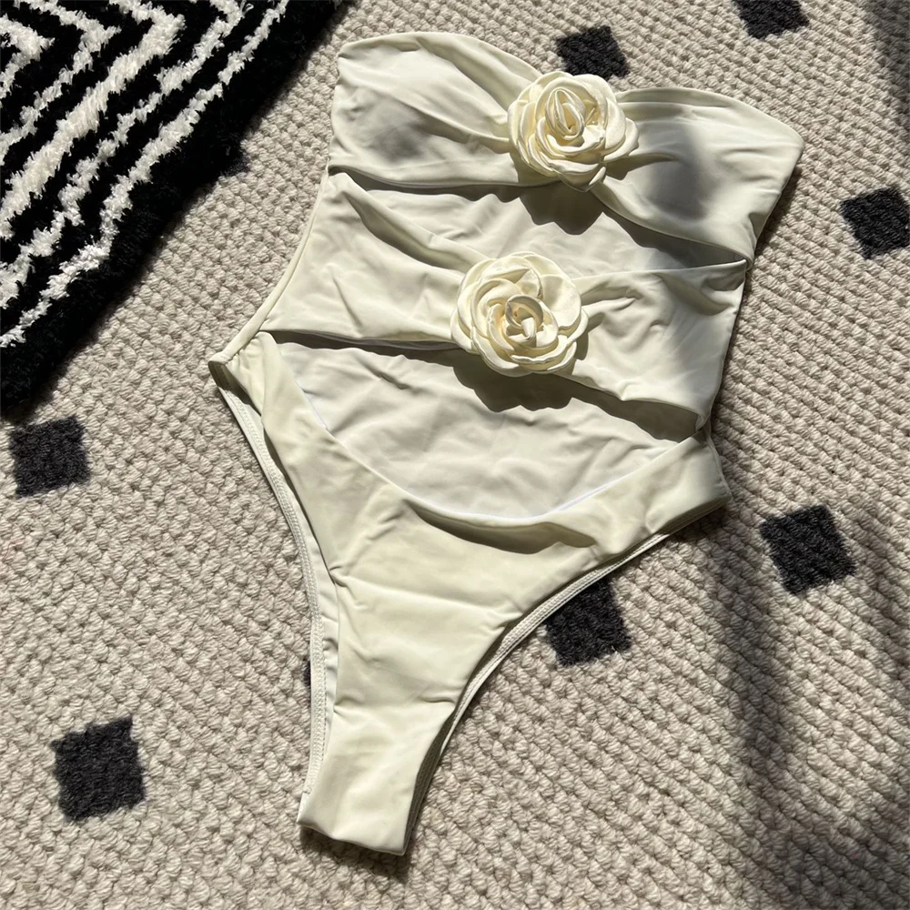 Fleur noire évider Bikini Bandeau maillot de bain 3D Floral vacances maillots de bain femmes Bikinis ensemble tenue de plage maillot de bain