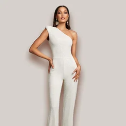 Women Sexy Elegant V Neck Sequined One Shoulder Long Sleeve High Waist Long Wide Leg Pants Jumpsuits Rompers